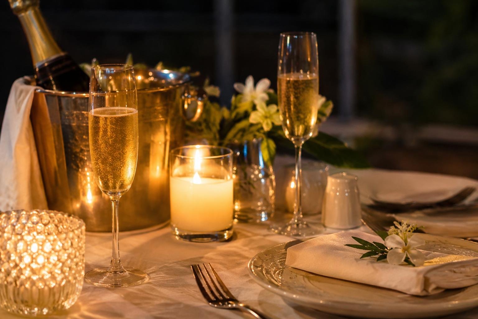 Candlelit champagne dinner for two on a villa terrace