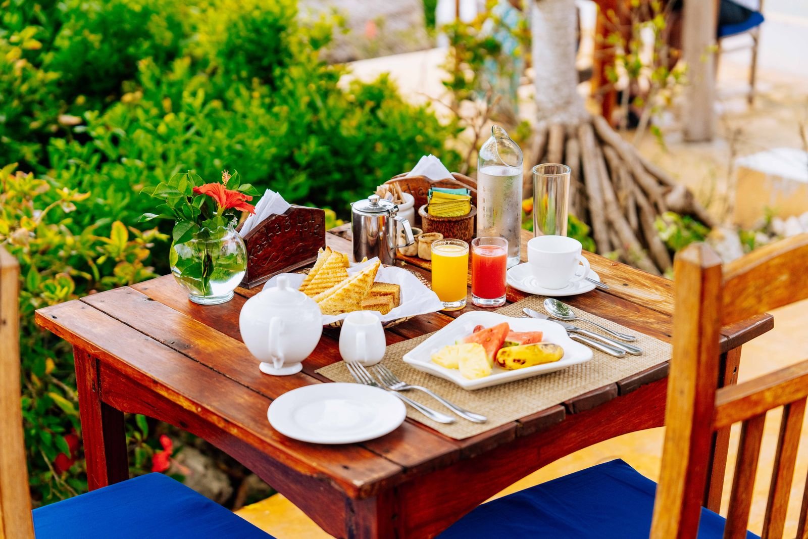 Tropical breakfast with fresh fruit, juices and tea served in the garden
