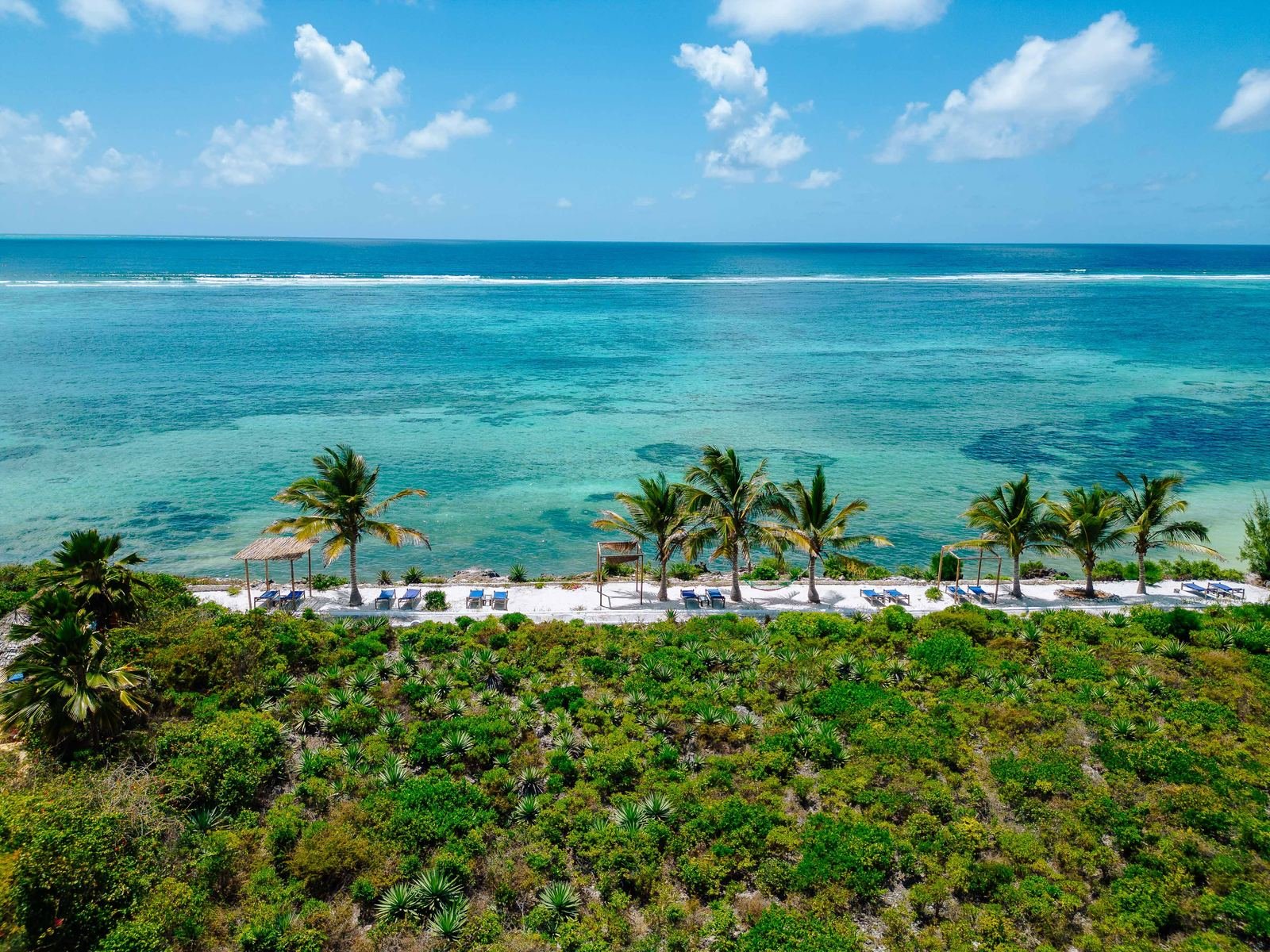 Turquoise lagoon, reef and palm-fringed beach of Matemwe seen from above
