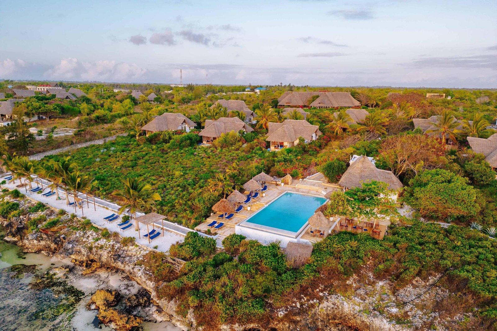 Aerial view of Kasha Boutique Hotel on the coral cliff in Matemwe, Zanzibar, with its pool and the Indian Ocean