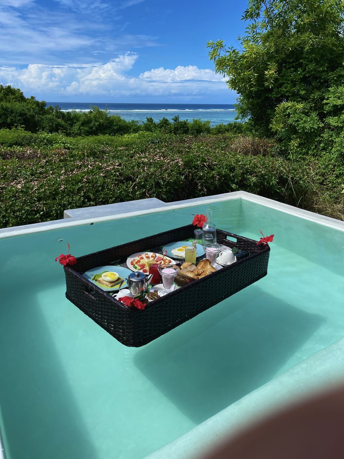 Floating breakfast tray in a private plunge pool with an ocean view